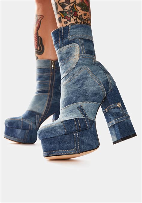 Denim Patchwork Boots .